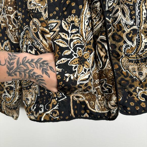 Vintage Quilted Floral Paisley Zip Up Jacket Womens M Black Tan Neutral - Picture 7 of 14